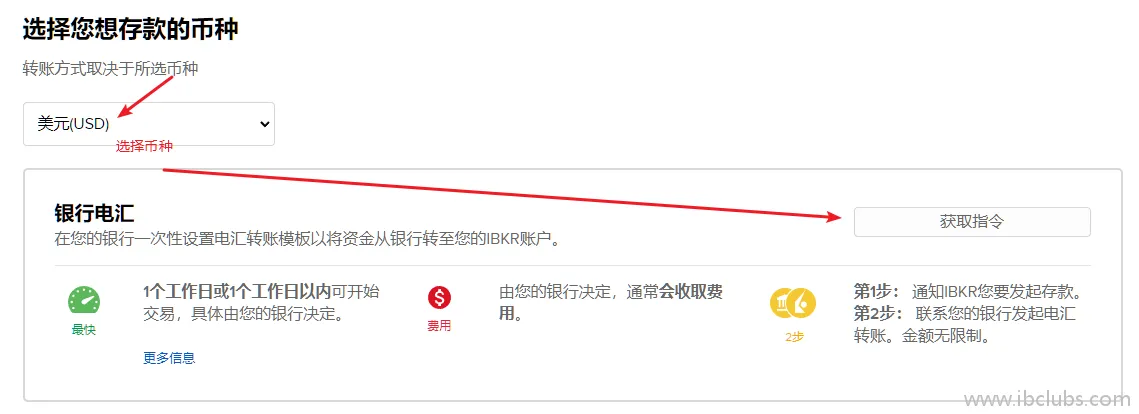 选择美元作为存款币种并点击获取电汇指令
