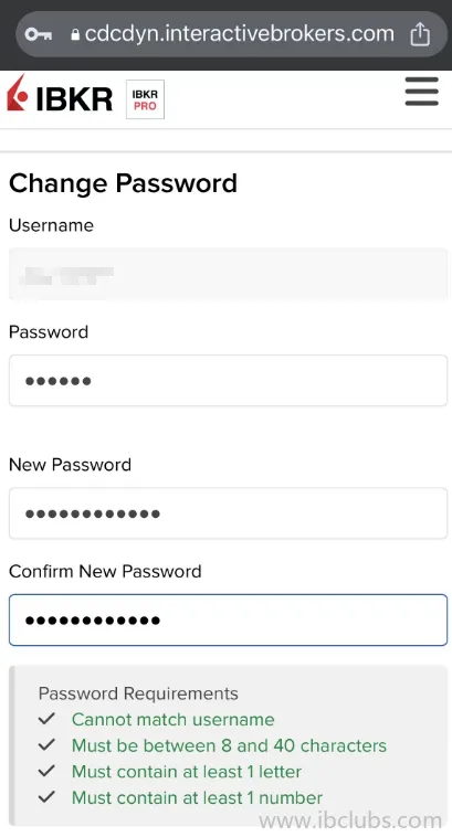 盈透证券网页修改新密码界面截图
